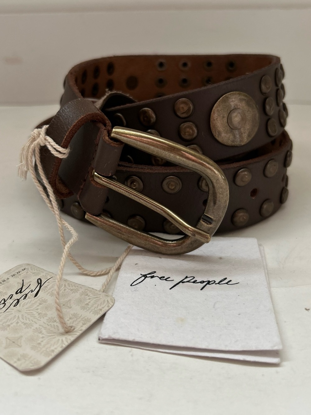 Free People NWT Leather Studded Brown Bronze Espresso Belt size L/XL